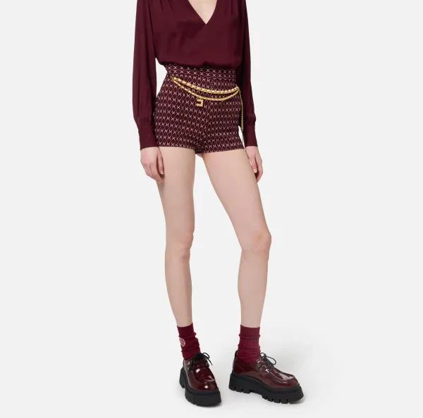 Elisabetta Franchi Pantaloni E Shorts^Short in crêpe stretch stampa rombo con catena RougeNoir/Burro