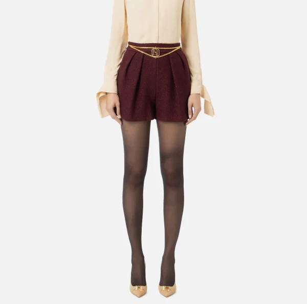 Elisabetta Franchi Pantaloni E Shorts^Short in tweed laminato con accessorio logo RougeNoir