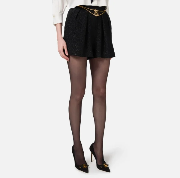 Elisabetta Franchi Pantaloni E Shorts^Short in tweed laminato con accessorio logo Nero