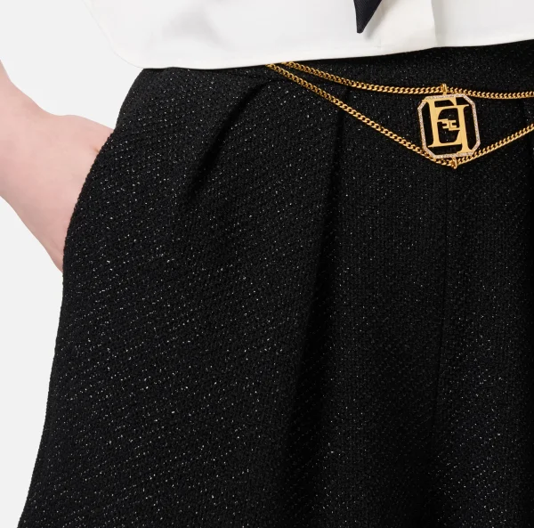 Elisabetta Franchi Pantaloni E Shorts^Short in tweed laminato con accessorio logo Nero