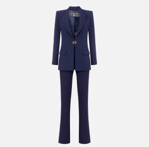 Elisabetta Franchi Tailleur^Tailleur in doppio crêpe stretch con giacca dritta e pantalone a palazzo Navy