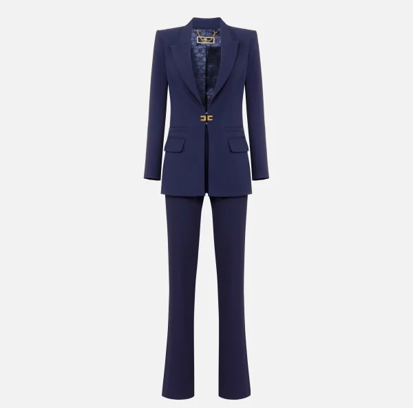 Elisabetta Franchi Tailleur^Tailleur in doppio crêpe stretch con giacca dritta e pantalone a palazzo Navy