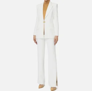 Elisabetta Franchi Tailleur^Tailleur in doppio crêpe stretch con giacca dritta e pantalone a palazzo Avorio