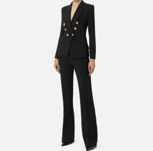 Elisabetta Franchi Tailleur^Tailleur in doppio crêpe stretch con giacca sciallata e pantalone a palazzo Nero