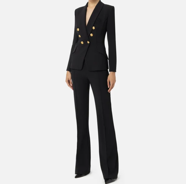 Elisabetta Franchi Tailleur^Tailleur in doppio crêpe stretch con giacca sciallata e pantalone a palazzo Nero