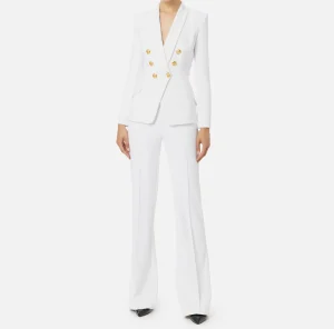 Elisabetta Franchi Tailleur^Tailleur in doppio crêpe stretch con giacca sciallata e pantalone a palazzo Avorio
