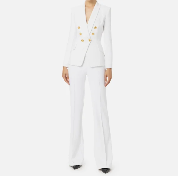 Elisabetta Franchi Tailleur^Tailleur in doppio crêpe stretch con giacca sciallata e pantalone a palazzo Avorio