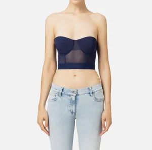 Elisabetta Franchi Top, T-Shirt & Body^Top a balconcino in crêpe e tulle con elastico Navy