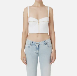 Elisabetta Franchi Top, T-Shirt & Body^Top balconcino in doppio crêpe con motivo di zip Avorio