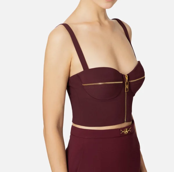 Elisabetta Franchi Top, T-Shirt & Body^Top balconcino in doppio crêpe con motivo di zip RougeNoir