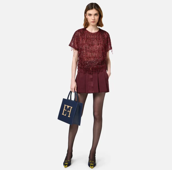 Elisabetta Franchi Top, T-Shirt & Body^Top boxy in tulle ricamato con paillettes RougeNoir