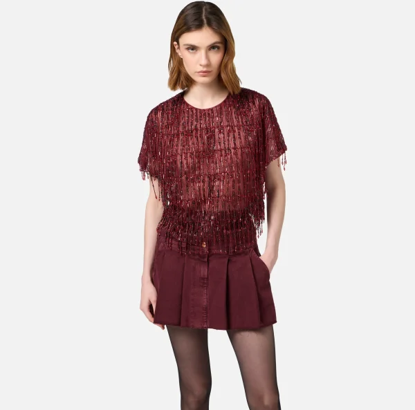 Elisabetta Franchi Top, T-Shirt & Body^Top boxy in tulle ricamato con paillettes RougeNoir