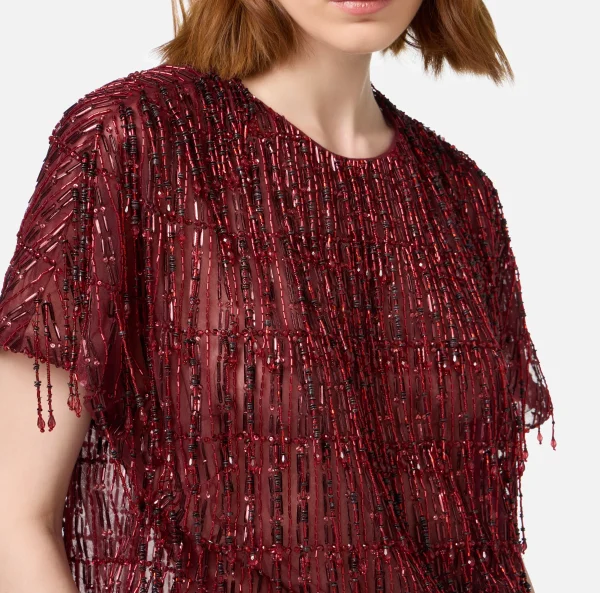 Elisabetta Franchi Top, T-Shirt & Body^Top boxy in tulle ricamato con paillettes RougeNoir
