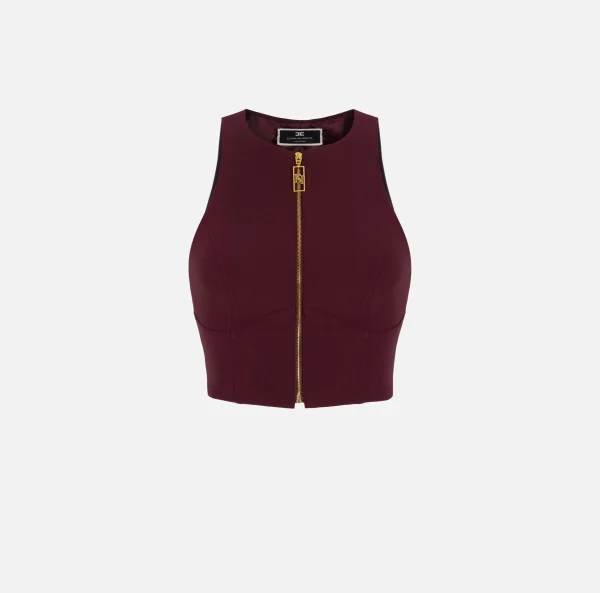 Elisabetta Franchi Top, T-Shirt & Body^Top cropped in doppio crêpe con zip RougeNoir