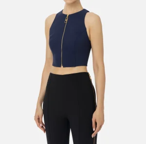 Elisabetta Franchi Top, T-Shirt & Body^Top cropped in doppio crêpe con zip Navy