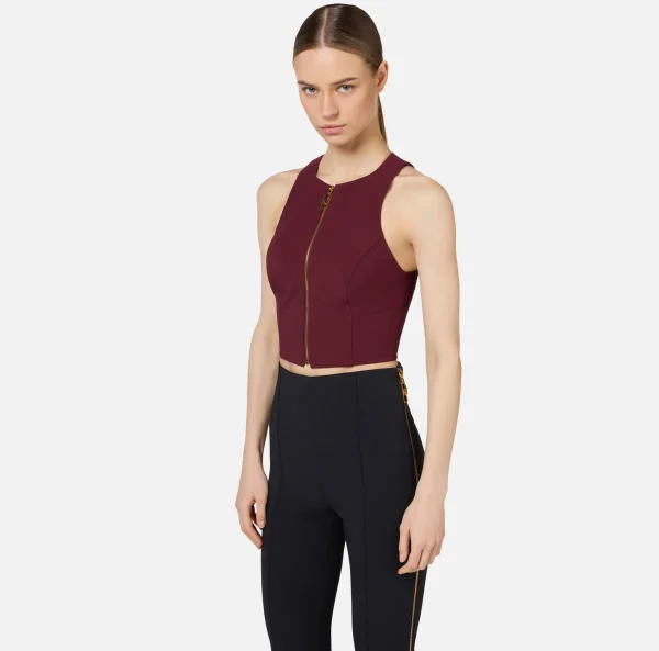 Elisabetta Franchi Top, T-Shirt & Body^Top cropped in doppio crêpe con zip RougeNoir