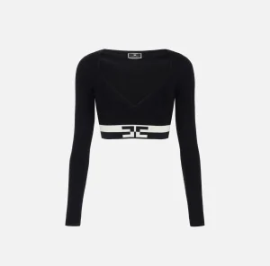 Elisabetta Franchi Maglieria E Felpe^Top cropped in viscosa con bande logo Nero/Burro