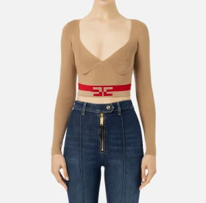 Elisabetta Franchi Maglieria E Felpe^Top cropped in viscosa con bande logo Camel/RedPassion