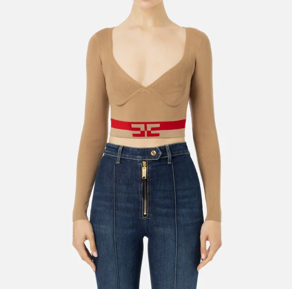 Elisabetta Franchi Maglieria E Felpe^Top cropped in viscosa con bande logo Camel/RedPassion