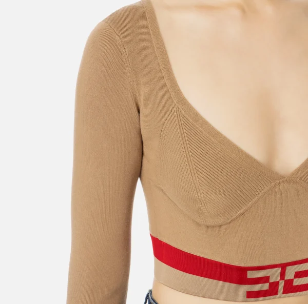 Elisabetta Franchi Maglieria E Felpe^Top cropped in viscosa con bande logo Camel/RedPassion