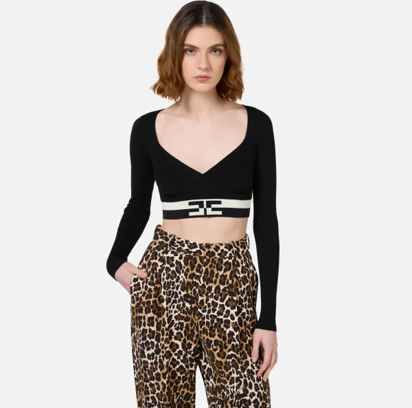 Elisabetta Franchi Maglieria E Felpe^Top cropped in viscosa con bande logo Nero/Burro