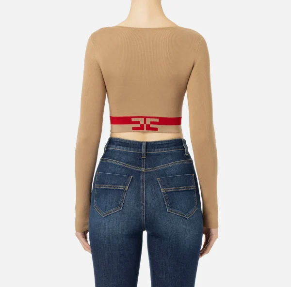 Elisabetta Franchi Maglieria E Felpe^Top cropped in viscosa con bande logo Camel/RedPassion
