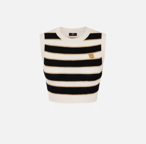 Elisabetta Franchi Top, T-Shirt & Body^Top cropped in viscosa lurex a righe Burro/Nero