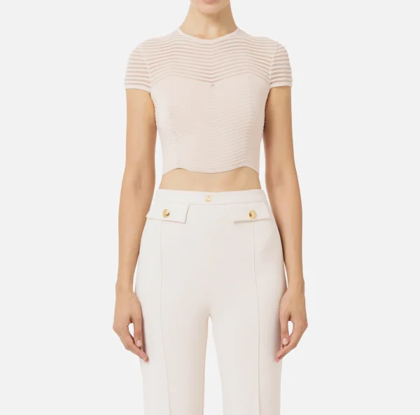 Elisabetta Franchi Top, T-Shirt & Body^Top cropped in viscosa motivo chevron RosaCipria