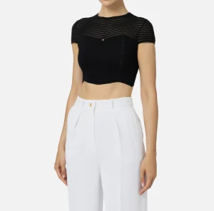 Elisabetta Franchi Top, T-Shirt & Body^Top cropped in viscosa motivo chevron Nero