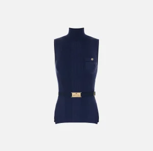 Elisabetta Franchi Maglieria E Felpe^Top dolcevita in lyocell e seta a costine con ricamo logo Navy