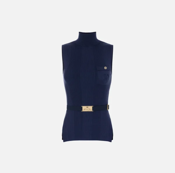 Elisabetta Franchi Maglieria E Felpe^Top dolcevita in lyocell e seta a costine con ricamo logo Navy