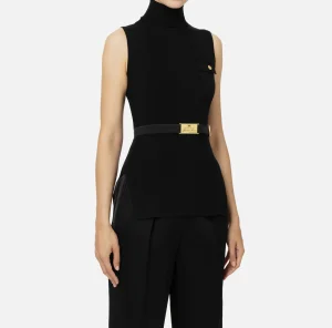 Elisabetta Franchi Maglieria E Felpe^Top dolcevita in lyocell e seta a costine con ricamo logo Nero