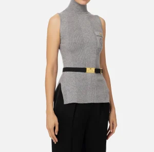 Elisabetta Franchi Maglieria E Felpe^Top dolcevita in lyocell e seta a costine con ricamo logo Grigiomelange