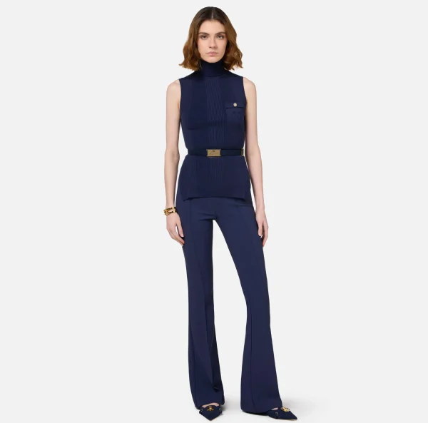 Elisabetta Franchi Maglieria E Felpe^Top dolcevita in lyocell e seta a costine con ricamo logo Navy