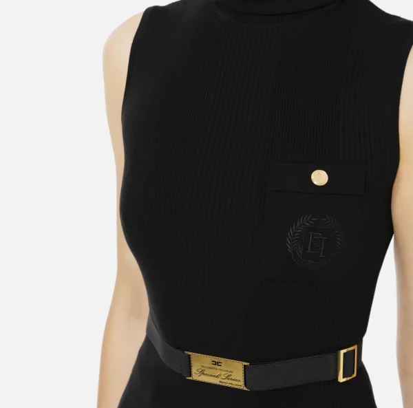 Elisabetta Franchi Maglieria E Felpe^Top dolcevita in lyocell e seta a costine con ricamo logo Nero