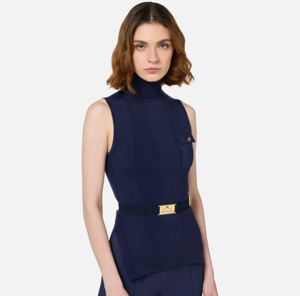 Elisabetta Franchi Maglieria E Felpe^Top dolcevita in lyocell e seta a costine con ricamo logo Navy