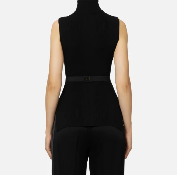 Elisabetta Franchi Maglieria E Felpe^Top dolcevita in lyocell e seta a costine con ricamo logo Nero
