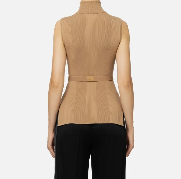 Elisabetta Franchi Maglieria E Felpe^Top dolcevita in lyocell e seta a costine con ricamo logo Camel