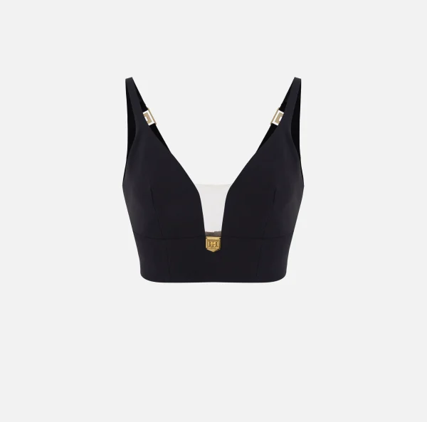 Elisabetta Franchi Top, T-Shirt & Body^Top in doppio crêpe con placca logo Nero