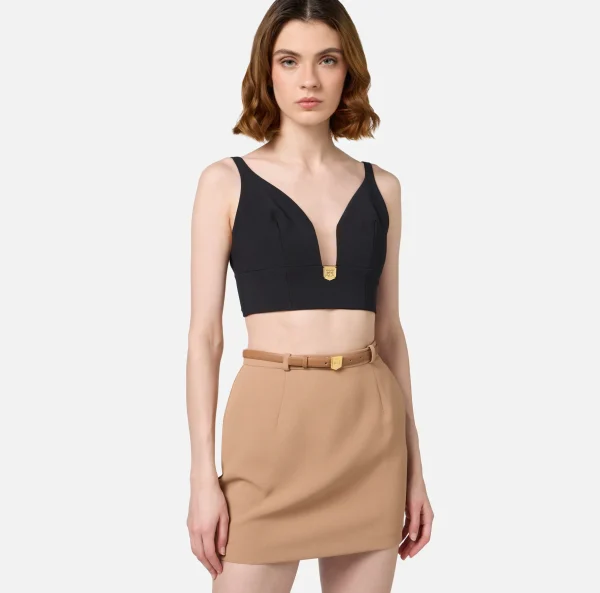 Elisabetta Franchi Top, T-Shirt & Body^Top in doppio crêpe con placca logo Nero