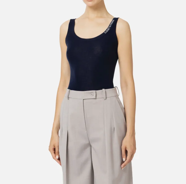 Elisabetta Franchi Top, T-Shirt & Body^Top in lana merino con logo jacquard Navy