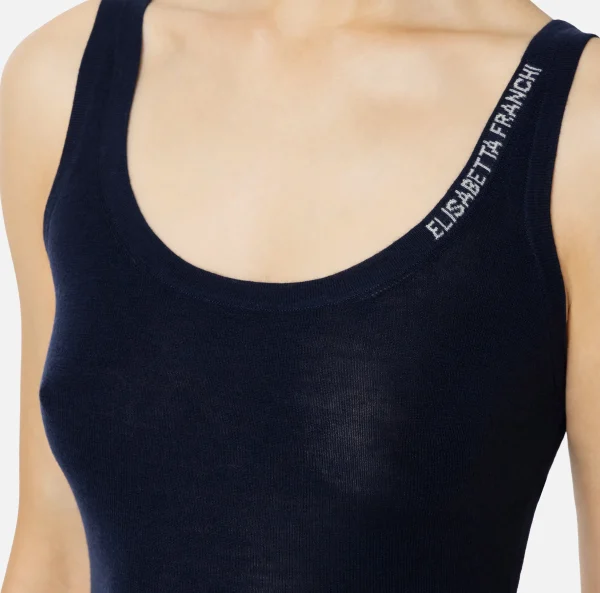 Elisabetta Franchi Top, T-Shirt & Body^Top in lana merino con logo jacquard Navy