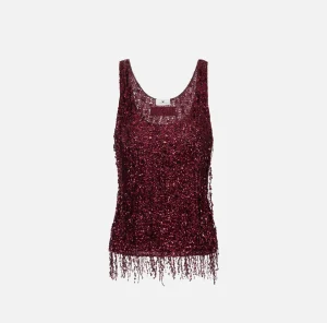 Elisabetta Franchi Top, T-Shirt & Body^Top in tulle ricamato con frange di paillettes RougeNoir