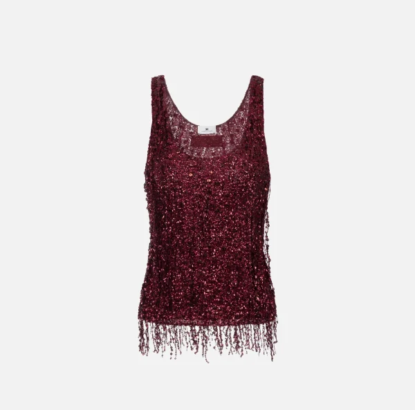 Elisabetta Franchi Top, T-Shirt & Body^Top in tulle ricamato con frange di paillettes RougeNoir