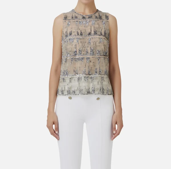 Elisabetta Franchi Top, T-Shirt & Body^Top in tulle ricamato con paillettes pixel Steel
