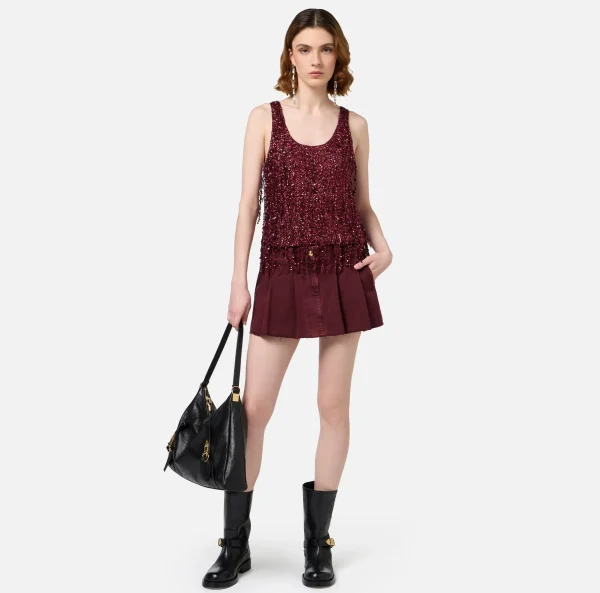 Elisabetta Franchi Top, T-Shirt & Body^Top in tulle ricamato con frange di paillettes RougeNoir