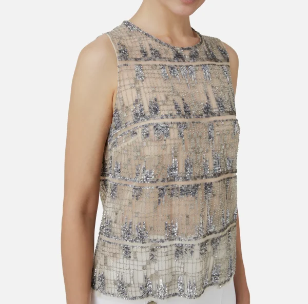 Elisabetta Franchi Top, T-Shirt & Body^Top in tulle ricamato con paillettes pixel Steel