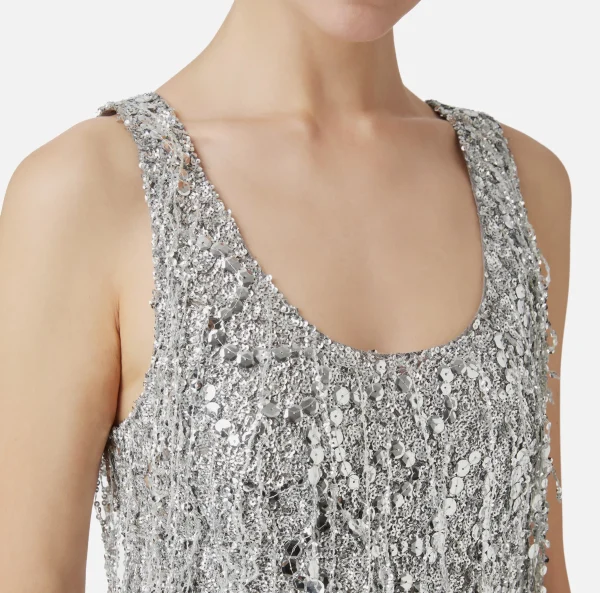 Elisabetta Franchi Top, T-Shirt & Body^Top in tulle ricamato con frange di paillettes Silver