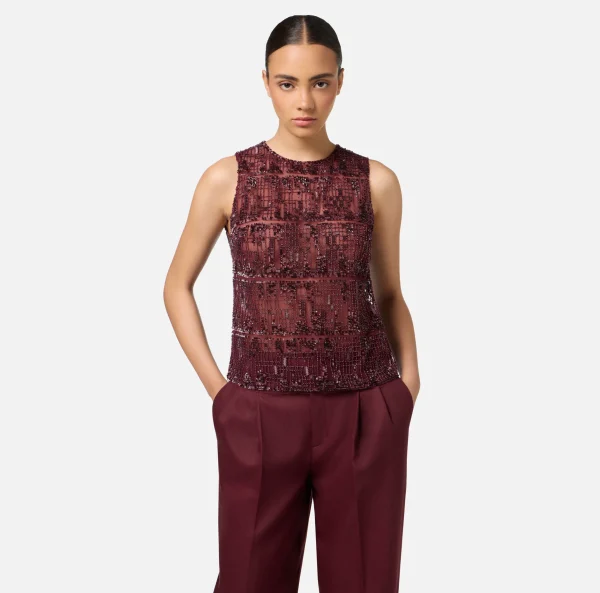Elisabetta Franchi Top, T-Shirt & Body^Top in tulle ricamato con paillettes pixel RougeNoir