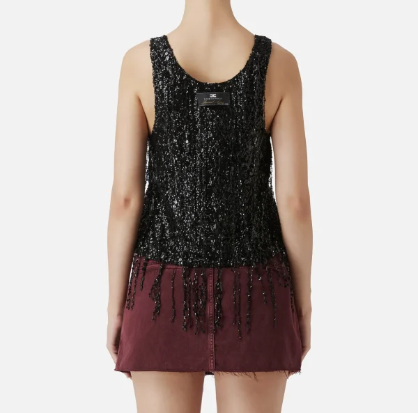 Elisabetta Franchi Top, T-Shirt & Body^Top in tulle ricamato con frange di paillettes Nero